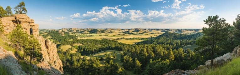 Obraz premium The expansive landscape of Wildcat reveals rolling green hills, scattered rocky outcrops, and a vibrant sky filled with fluffy clouds during late afternoon light.