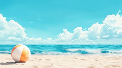 Obraz premium A colorful beach ball resting on soft sandy beach next to calm blue ocean under a bright sky.