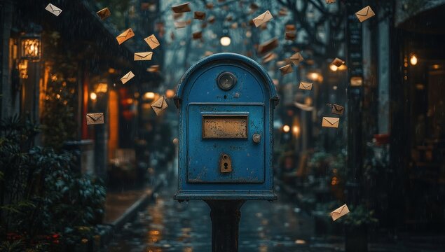 Vintage Blue Mailbox Surrounded by Flying Envelopes in Dreamy Scene