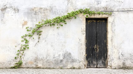 Weathered Wall with Wooden Door and Ivy Vine