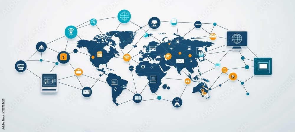 Poster World map. Global internet network telecom and communication. Generative AI technology.	
