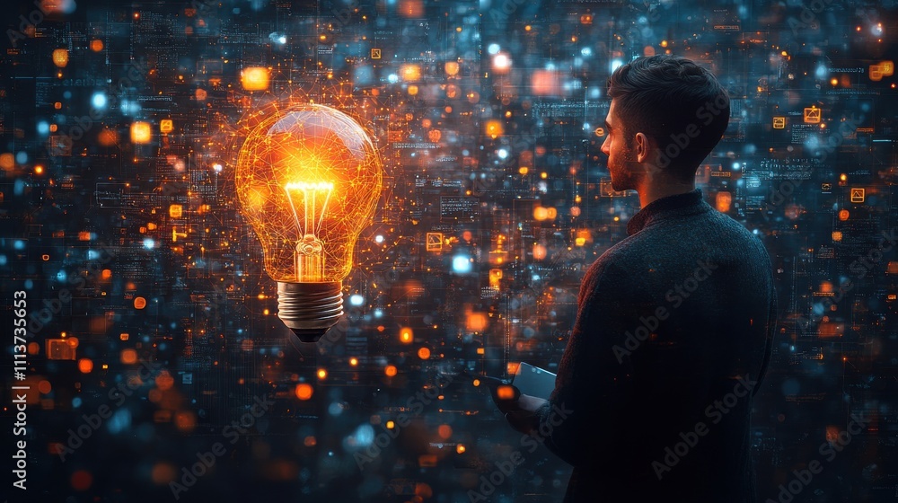 Aufkleber education technology e learning internet lessons online webinars are attended by a person hold light