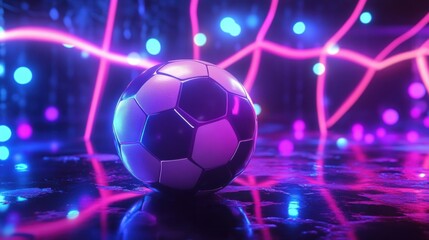 Fototapeta premium A close-up of a classic black and white soccer ball illuminated by vibrant neon lights, adding a dynamic, energetic feel.