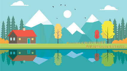 Mountain River Lake Landscape with Home House in Bright Sky in Autumn Fall Season