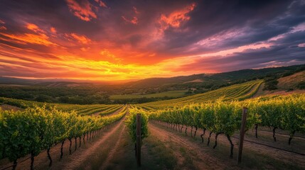 This breathtaking view captures the vibrant sunset over the Texas Hill Country, illuminating the lush vineyards with rich colors and serene landscapes.