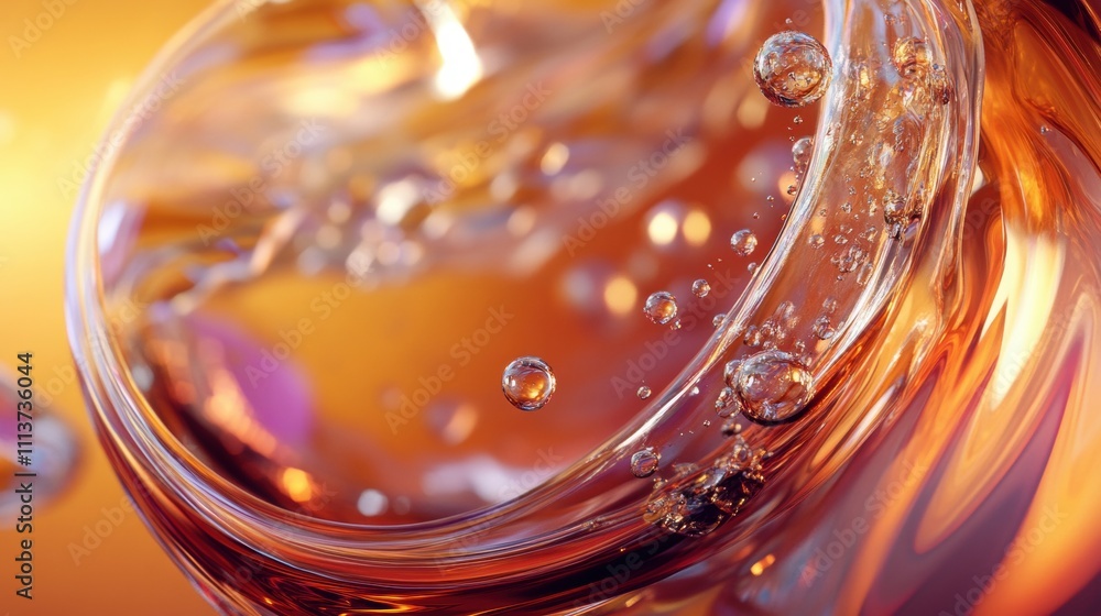 Poster close-up of bubbles rising in a glass of amber liquid, creating a captivating and dynamic visual exp