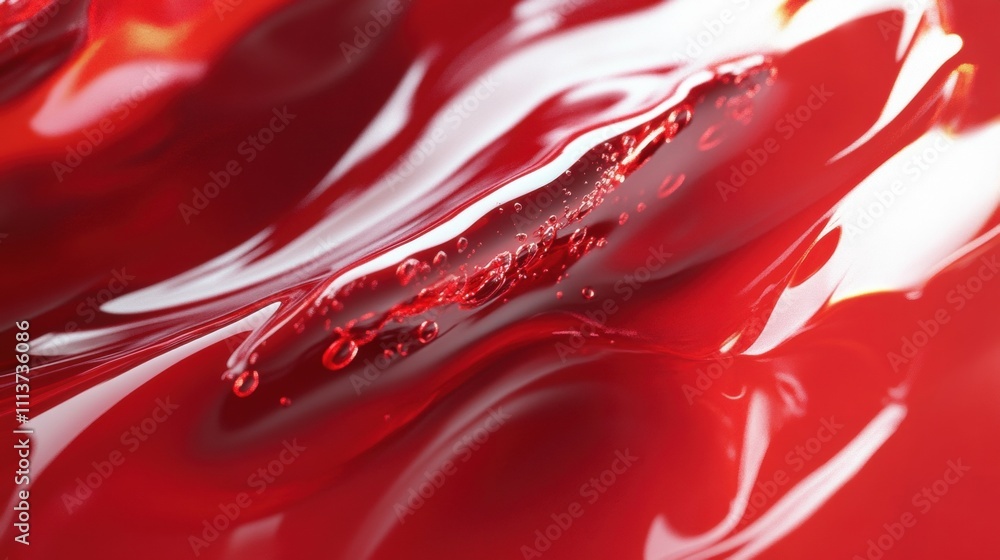 Poster close-up of a smooth, glossy red surface with bubbles and flowing textures, creating a vibrant and d