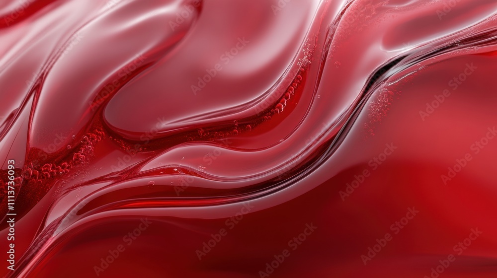 Poster a mesmerizing abstract image featuring fluid red waves with soft highlights and bubbles, evoking a s