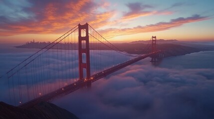 Obraz premium The Golden Gate Bridge stands majestically against a vibrant sunset, with soft clouds and fog surrounding it, creating a serene yet striking view of San Francisco Bay.