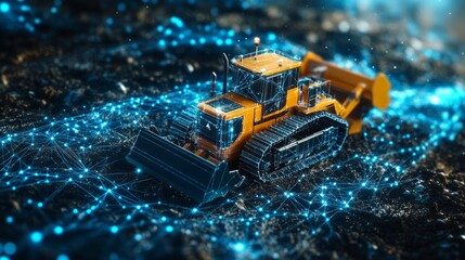 Smart bulldozer on digital network, futuristic farming technology.