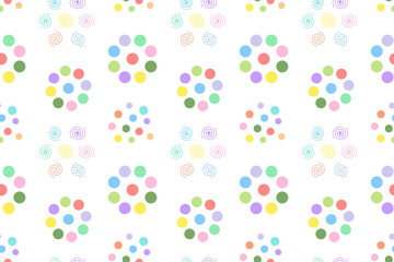 Seamless pattern featuring vibrant dotted flowers and spiral elements, ideal for cheerful and creative designs.