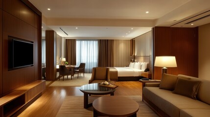 Fototapeta premium Luxurious Suite Interior Design: Modern Hotel Room with Elegant Furnishings