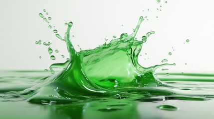An artistic splash of vibrant green liquid, captured in mid-motion, creating dynamic droplets against a light background.