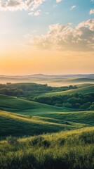 Fototapeta premium The rolling hills of the Flint Hills stretch endlessly under a colorful sunset, with soft light illuminating the lush greenery and creating a serene atmosphere.