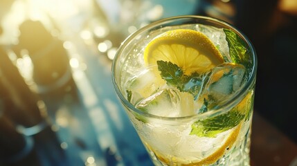 Refreshing lemon mint drink with ice in a glass.