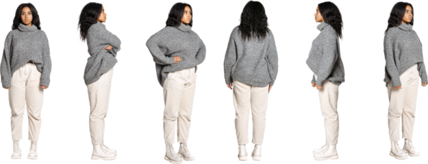 Autumn fashion collection. Set of images of young girl wearing casual style clothes, gray sweater and light jeans, standing isolated on transparent background. Profile, front and back view.