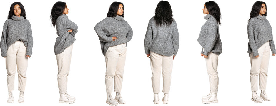 Autumn fashion collection. Set of images of young girl wearing casual style clothes, gray sweater and light jeans, standing isolated on transparent background. Profile, front and back view.