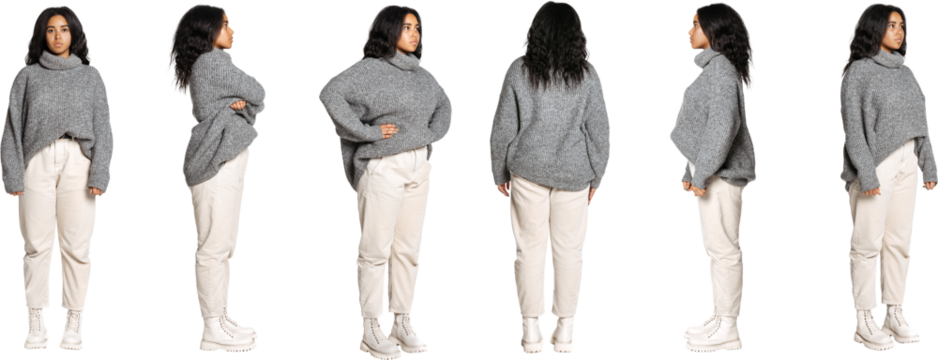 Autumn fashion collection. Set of images of young girl wearing casual style clothes, gray sweater and light jeans, standing isolated on transparent background. Profile, front and back view.