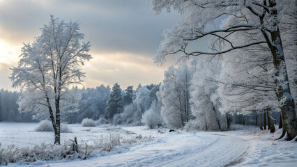 Obraz premium Serene snowy forest landscape with frozen trees, calm and peaceful winter scene