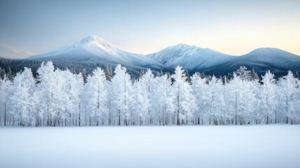Obraz premium A tranquil winter landscape featuring snow-covered mountains and a forest of frosted trees under a serene sky.