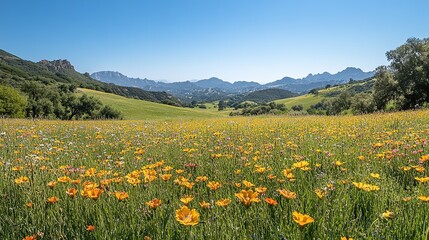 Vibrant wildflowers bloom in a lush green valley, mountains in the background under a clear blue sky.