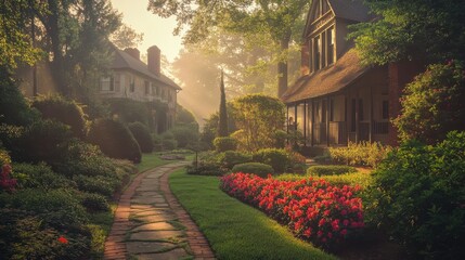 Naklejka premium The tranquil morning light illuminates a historic home surrounded by meticulously landscaped gardens, featuring winding pathways and colorful blooms.