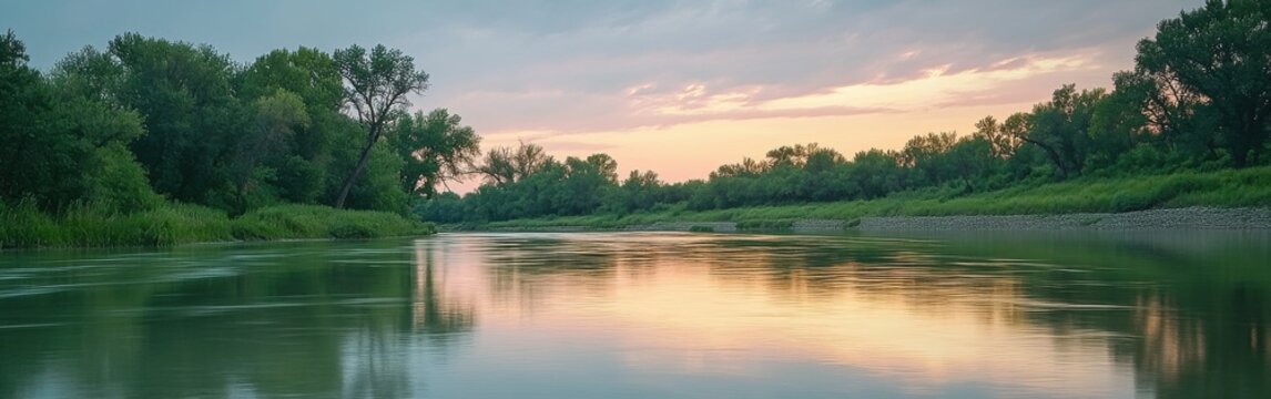 The tranquil Kaw River glows under a dusky sky, with reflections of soft hues dancing on the water's surface, surrounded by lush greenery in Kansas.