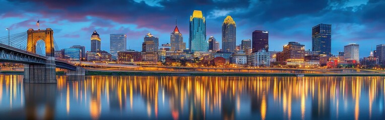 As twilight descends, the Cincinnati skyline glows against the backdrop of a colorful sky. The Ohio River reflects the city lights, creating a picturesque evening view.