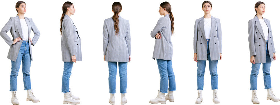 Youth fashion. Set of images of young girl wearing casual style clothes standing isolated on transparent background. Profile, front and back view image. Concept of casual fashion, lifestyle