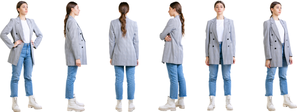 Youth fashion. Set of images of young girl wearing casual style clothes standing isolated on transparent background. Profile, front and back view image. Concept of casual fashion, lifestyle