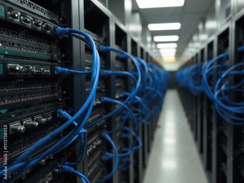 Poster data center with interconnected servers and extensive cable management observed in a modern tech fac