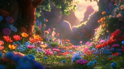 Vibrant Flowers Blossom In A Magical Sunlit Garden