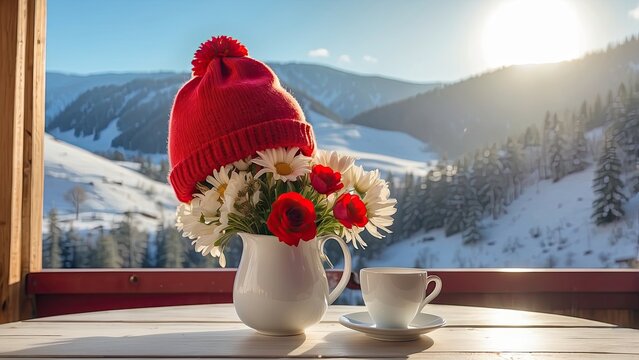 In the center of a white cafe taza, on the background of a nevado forest with an atardecer sun, is a vase of flowers with a bufanda and 