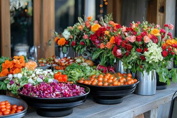 Vibrant salad bar with fresh veggies & colorful flowers. Perfect for showcasing healthy eating, farm-to-table concepts, or event catering.