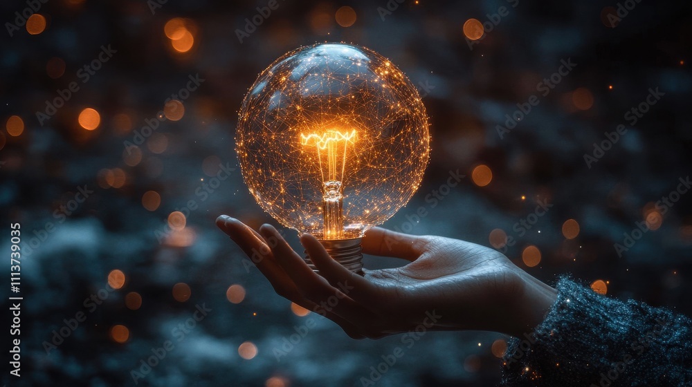 Poster hand holding light bulb global internet connection cloud computing business global internet connecti