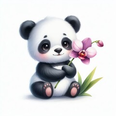 Cute panda holding an orchid flower on a white background. Watercolor illustration for design and print