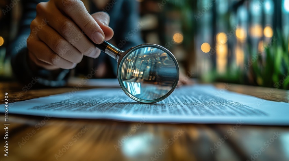 Aufkleber hand holding magnifier glass with virtual paper document and correct tick sign mark for prepare check and approve of quality assurance concep