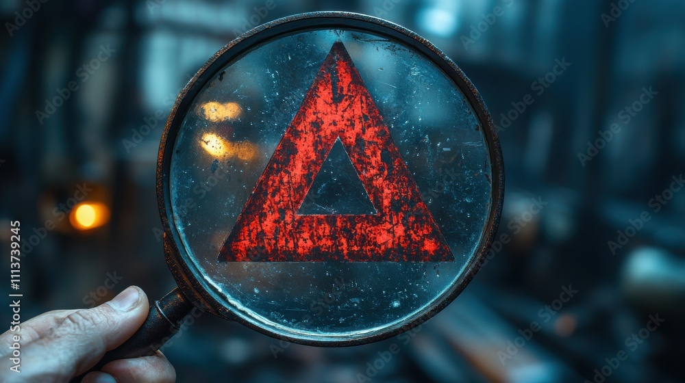 Poster hand holding magnifying glass with red triangle caution warning sign for notification error and main