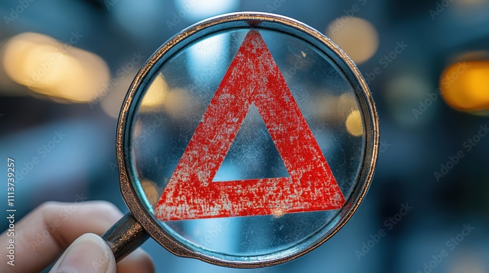 Poster hand holding magnifying glass with red triangle caution warning sign for notification error and main