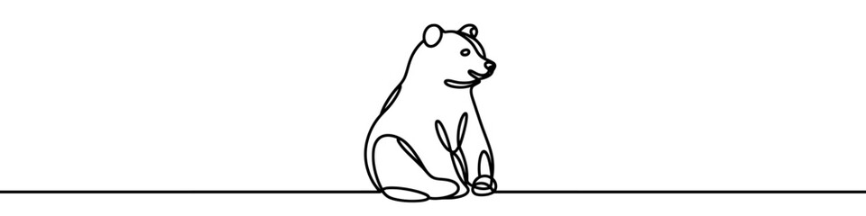 One continuous line illustration of a bear, isolated on white background. Line art of bear