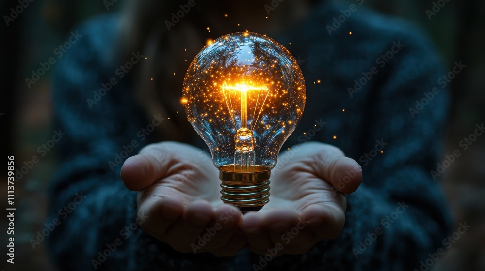 Poster hand of holding illuminated light bulb with network connection line idea innovation and inspiration 