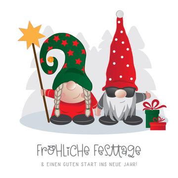 Fr&ouml;hliche Festtage - Wichtel Weihnachtskarte - Weihnachtsgnom-Paar mit Stern und Geschenken - deutscher Text