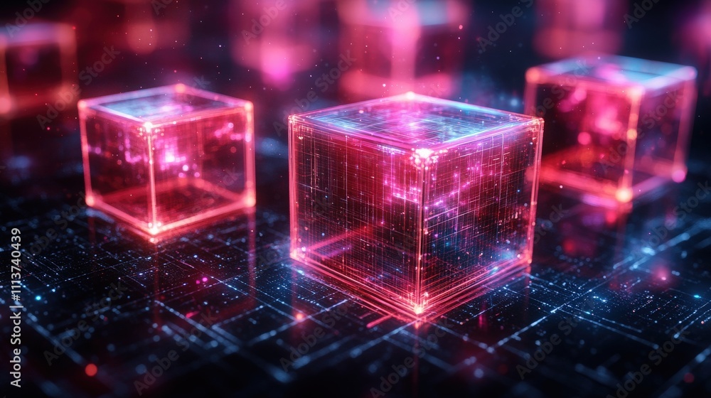 Poster abstract digital cubes with neon glows on a futuristic background representing data transmission and