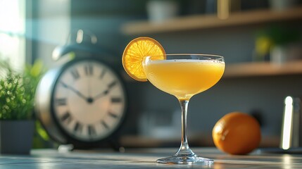 Midnight Elegance: Close-Up of Vibrant Cocktail Glass with Citrus Slice on Minimalist Table, Clock ticking towards 12 o'clock in Background