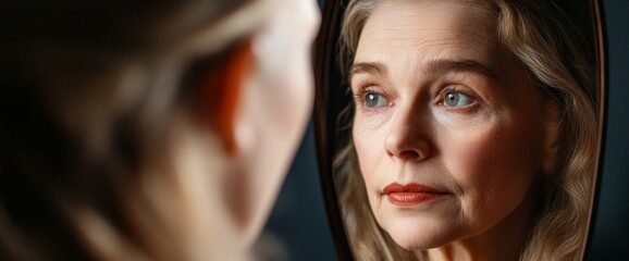 Fototapeta premium Woman gazing thoughtfully into mirror reflecting emotions and self-reflection in a serene indoor setting