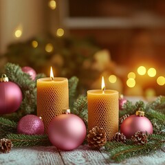 Beeswax candles with pink ornaments and pinecones on festive table