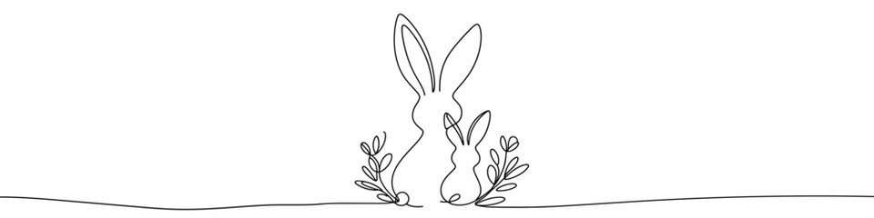 Minimalist easter design featuring two rabbits and plants drawn with one continuous line