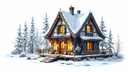 Wood house in the snow