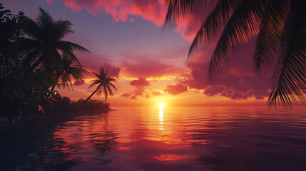 Obraz premium Tropical Sunset Palm Trees Ocean Island Paradise