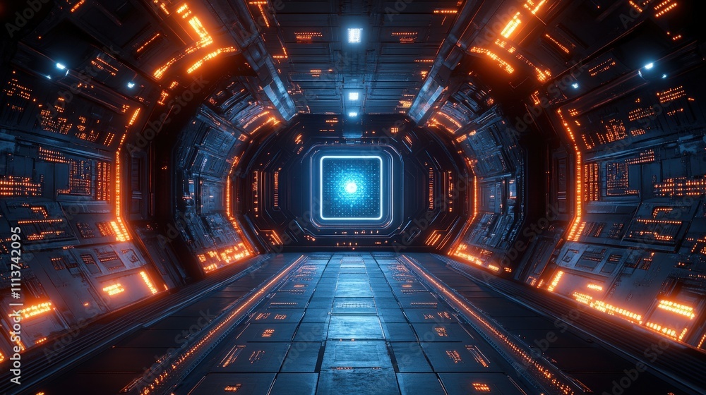 Poster futuristic corridor with glowing orange accents and a bright portal at the end of a high-tech tunnel